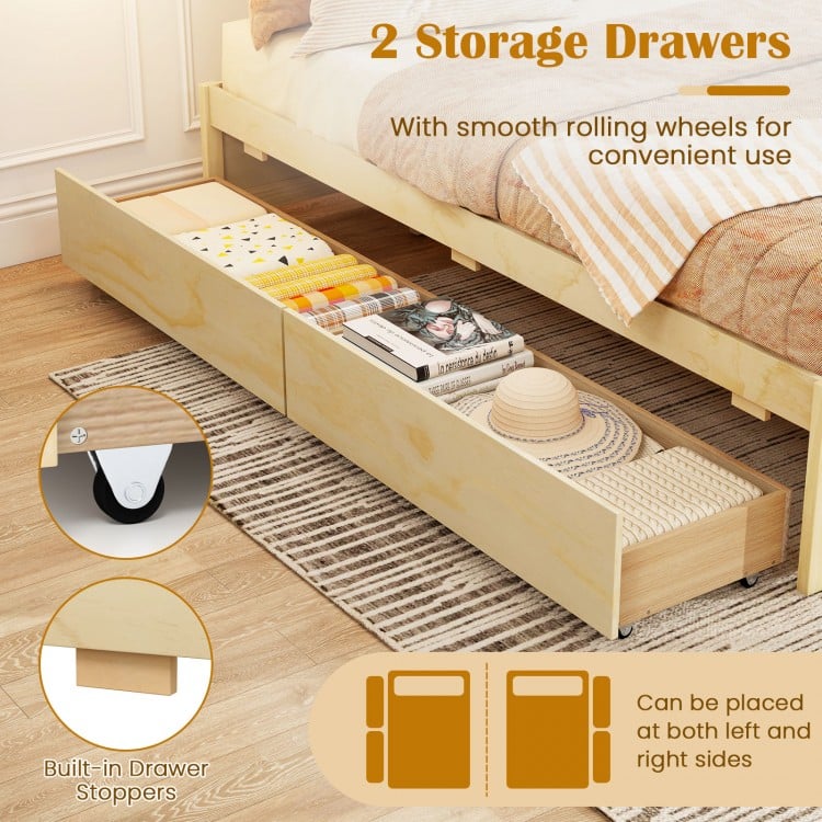 Full view of the natural wooden bed frame featuring two rolling storage drawers for convenient under-bed organization.
