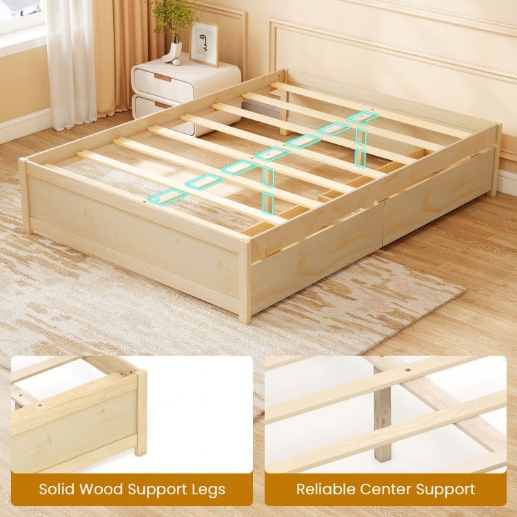 Full size wooden bed frame with two rolling storage drawers, featuring solid wood support legs and robust plywood slats.