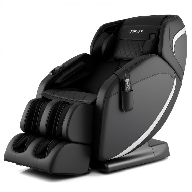 Full body massage chair in black with zero gravity feature, adjustable settings, and integrated Bluetooth speakers for.