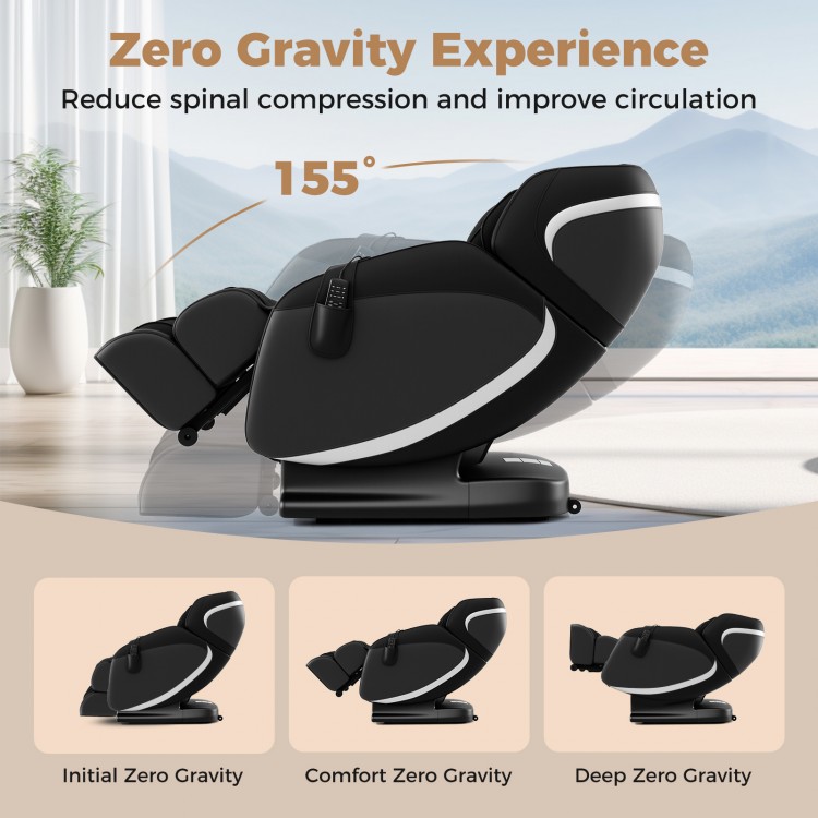 Full body massage chair in black showing zero gravity positions for personalized comfort and relaxation.
