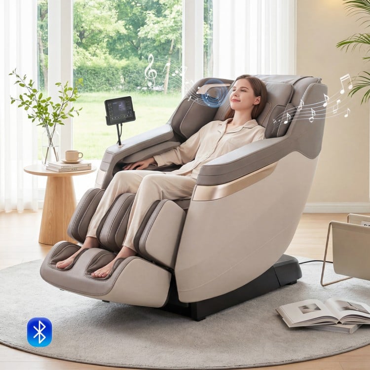 Full body massage chair in white with zero gravity function, Bluetooth speakers, and waist heating for ultimate.