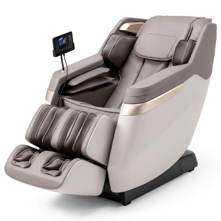 Full body massage chair in white with zero gravity function, foot rollers, and LCD touch screen for relaxation.