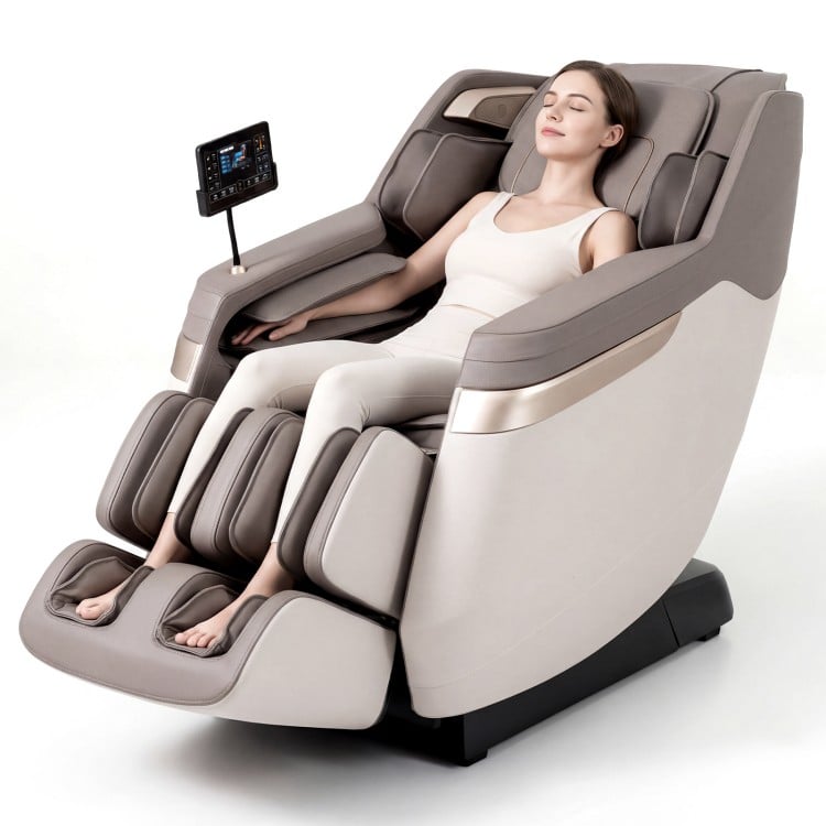 Full body massage chair in white with zero gravity function, foot rollers, and LCD touch screen for ultimate relaxation.