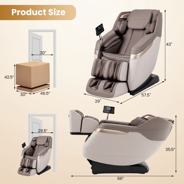 Full body massage chair in white with zero gravity function, dimensions 66"x30"x43", ideal for relaxation and comfort.