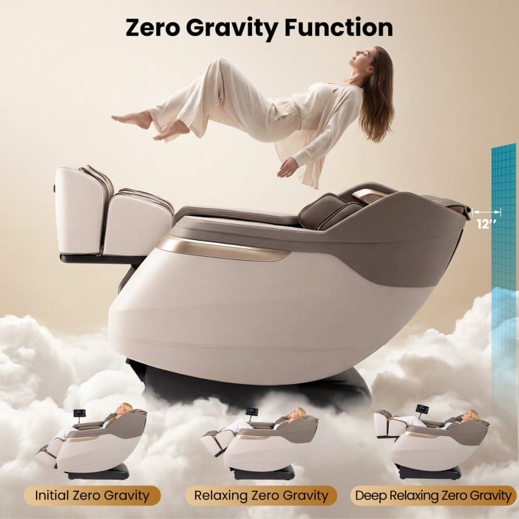 Full body massage chair in white with zero gravity function, featuring waist heating and foot roller for enhanced.