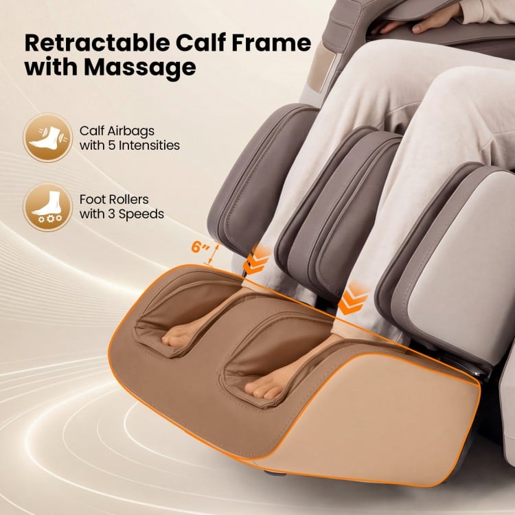 Retractable calf frame with massage feature and foot rollers, designed for the Full Body Massage Chair in white.