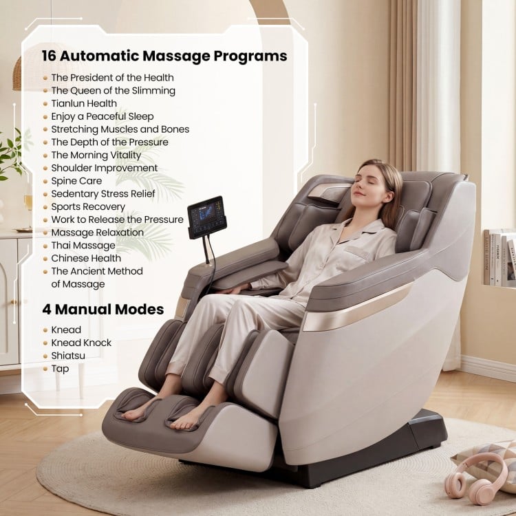 Full body massage chair in white with zero gravity recline, featuring 16 automatic programs and waist heating function.