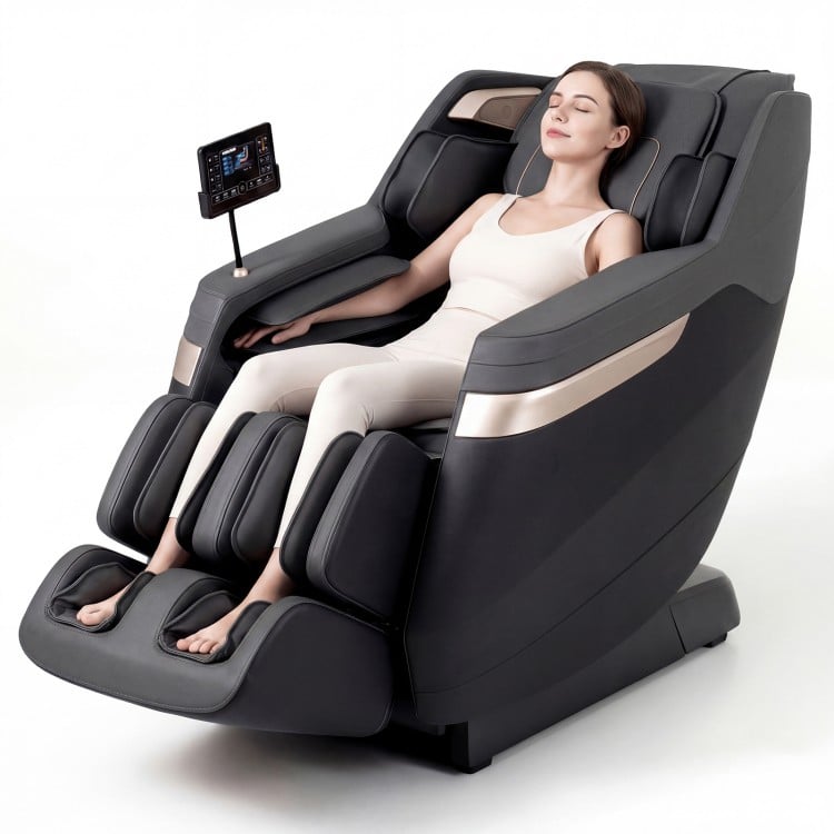 Full body massage chair in black with zero gravity function, foot rollers, and LCD touch screen for ultimate relaxation.