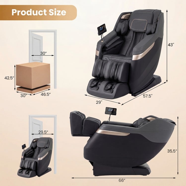 Dimensions of the full body massage chair in black, showing height, width, and depth for perfect fit in any space.