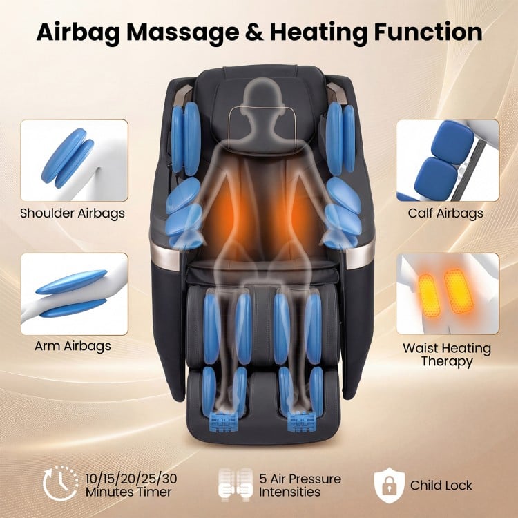 Full body massage chair with airbag massage, waist heating function, and zero gravity recline for ultimate relaxation.