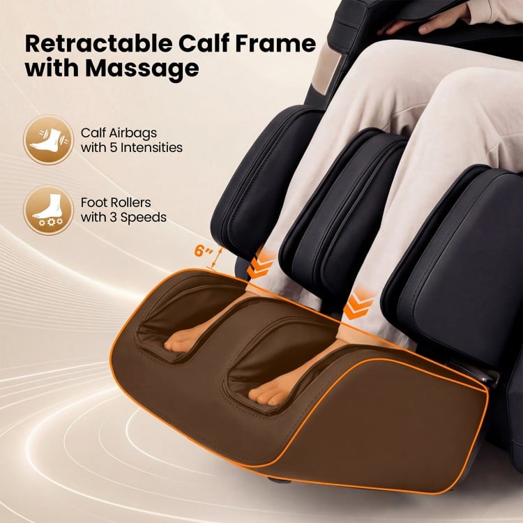 Retractable calf frame with foot rollers and massage airbags for enhanced relaxation in a black massage chair.