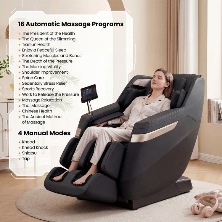 Full body massage chair in black featuring a close-up of the LCD touch screen and automatic massage programs for easy.