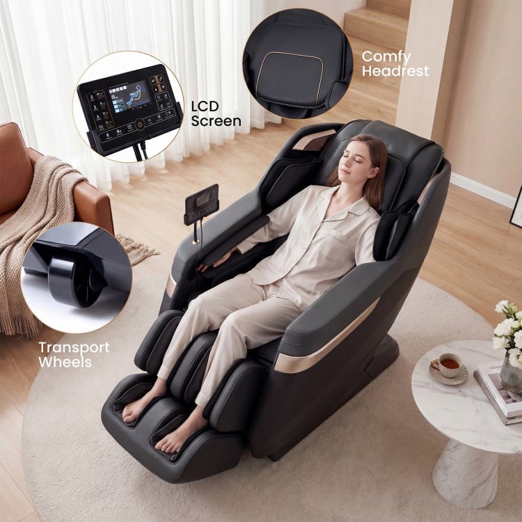 Full body massage chair in black with LCD screen, zero gravity function, and transport wheels for easy mobility.