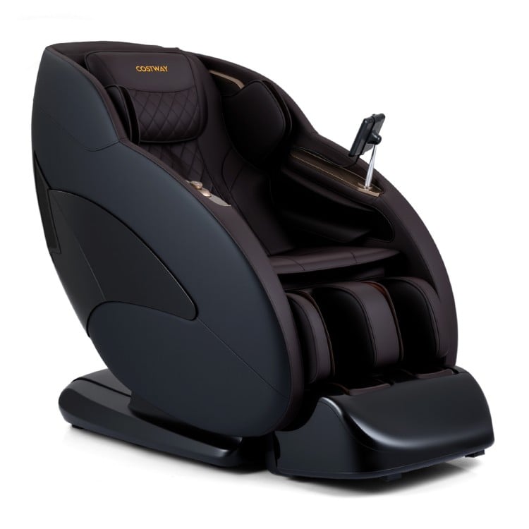 Full body massage chair in brown with heat, 3D SL track, and 12 auto modes for personalized relaxation.
