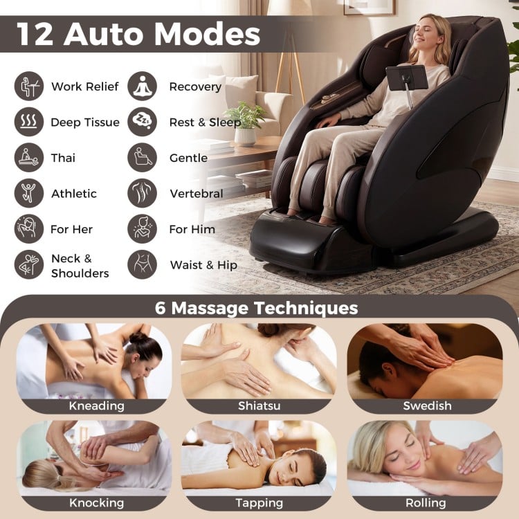 Full body massage chair in brown with heat, featuring 12 auto modes and 3D SL track for personalized relaxation.