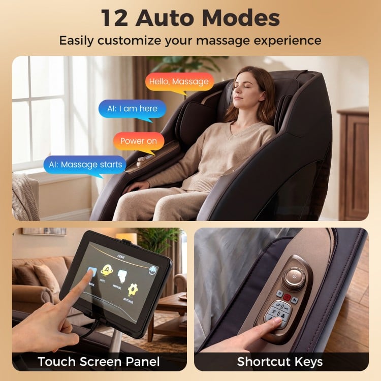 Touch screen panel and shortcut keys of the brown full body massage chair with 12 auto modes for customized relaxation.
