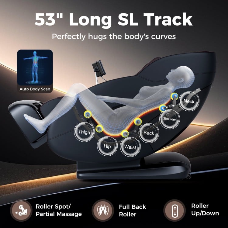 Full body massage chair with 53" SL track, heat therapy, and 12 auto modes for personalized relaxation and comfort.