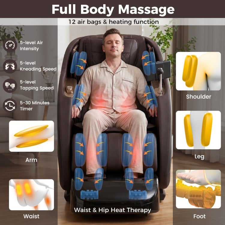 Full body massage chair in brown with heat function, featuring 12 airbags and zero gravity recline for ultimate.
