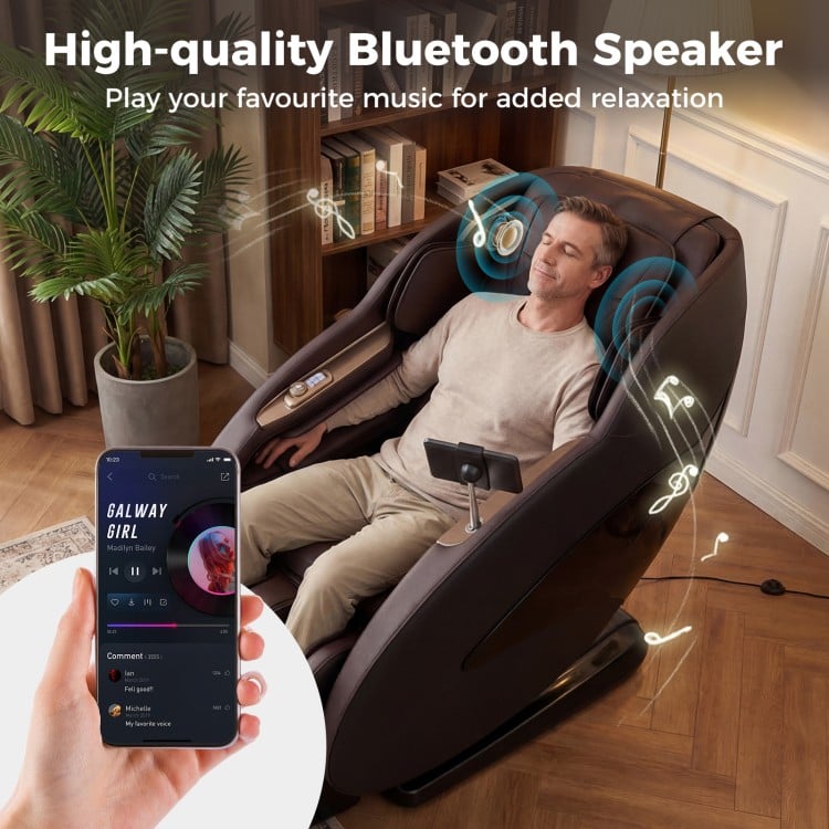 Full body massage chair in brown with Bluetooth speaker, showcasing relaxation features and zero gravity recline.