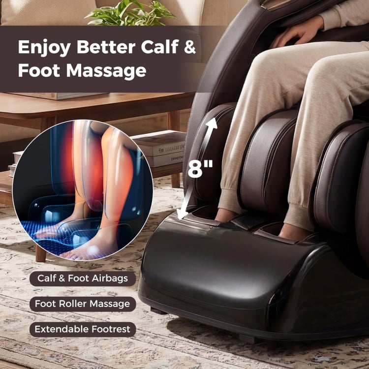 Close-up of the extendable footrest on a brown full body massage chair with calf and foot airbags for enhanced comfort.