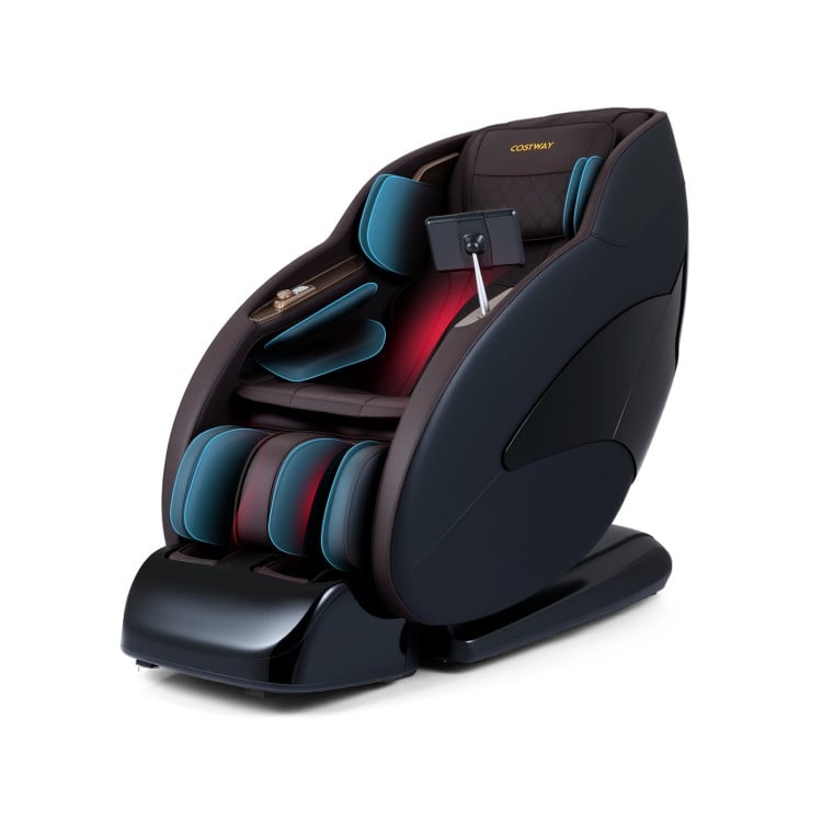 Side view of the brown full body massage chair with 12 airbags and yoga stretch feature for enhanced muscle relaxation.