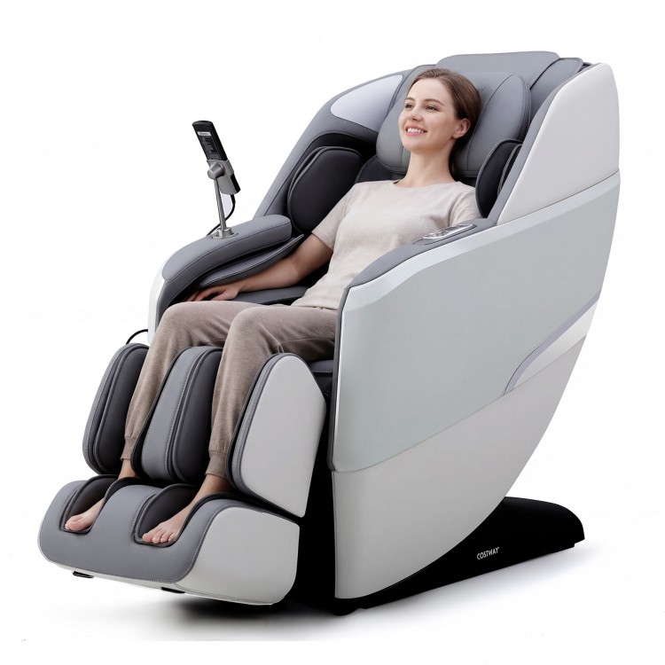 Full body zero gravity massage chair in white with airbags for relaxation, featuring a sleek design and advanced.
