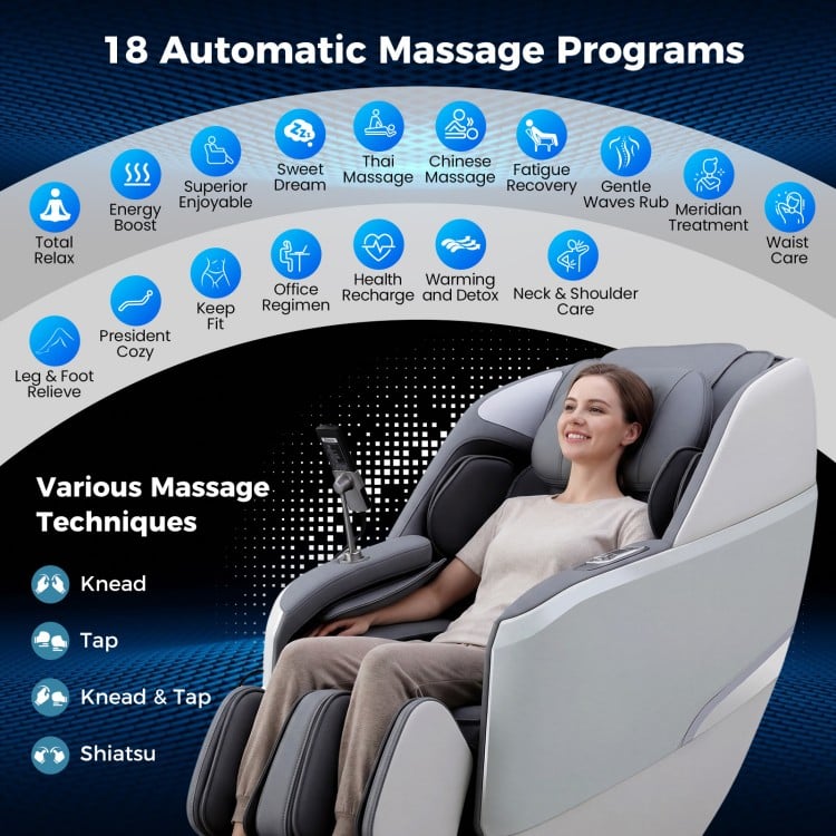 Full body zero gravity massage chair in white featuring 18 automatic programs and multiple airbags for total relaxation.