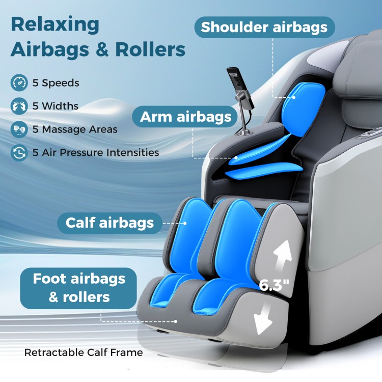 Full body massage chair with shoulder, arm, calf, and foot airbags for ultimate relaxation and comfort.