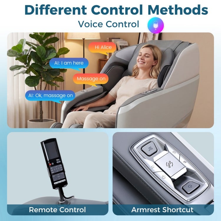 Full body zero gravity massage chair with remote control and armrest shortcut for personalized relaxation.