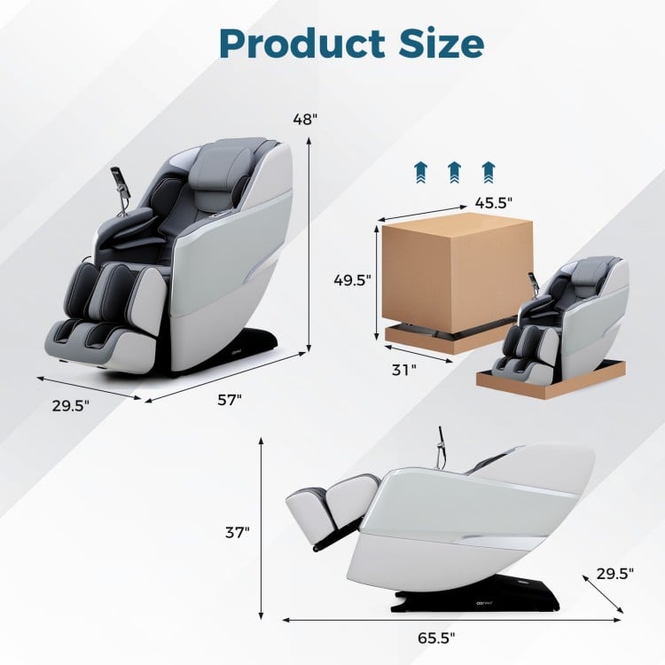 Dimensions of the Full Body Zero Gravity Massage Chair SL Track Massage Recliner in white, showing product size and.
