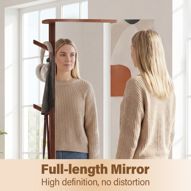 Full-length mirror with solid wood frame and 360-degree rotation, perfect for customizing viewing angles in any space.