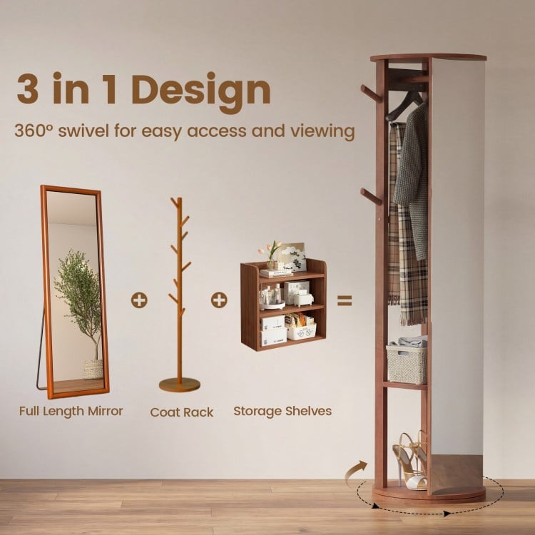 Full-length mirror coat rack with solid wood frame, 360° swivel, and storage shelves for versatile entryway.