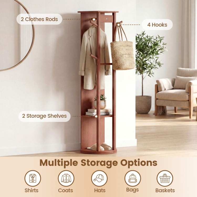 Full-length mirror coat rack in walnut with 2 clothes rods, 4 hooks, and 2 storage shelves for versatile organization.