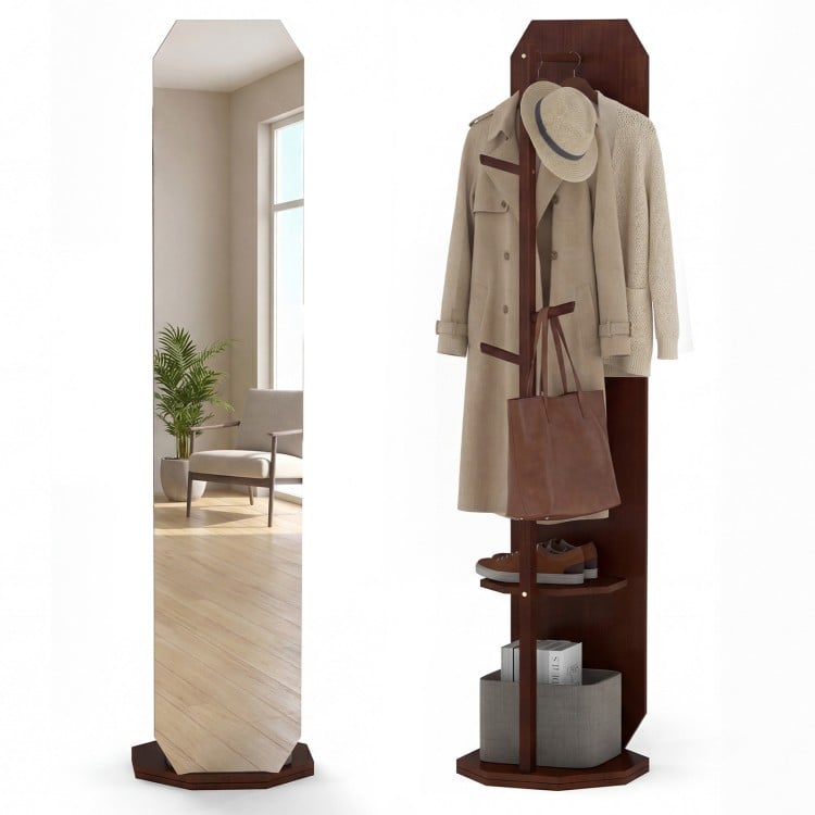 Full-length mirror coat rack in walnut with hooks and shelves, ideal for bedroom or entryway storage and organization.