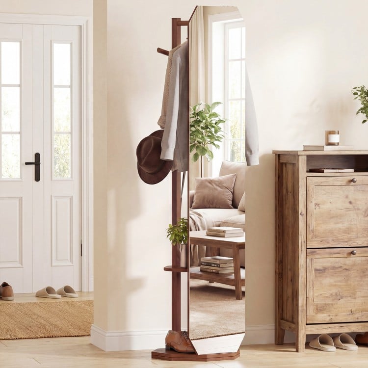 Full-length mirror coat rack in walnut with hooks and shelves for storing shoes and accessories, ideal for entryway or.
