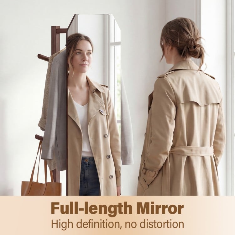 Full-length mirror coat rack in walnut with clothes hanger, featuring a clear reflection and versatile storage for.