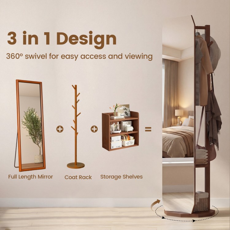 Full-length mirror coat rack in walnut with shelves and hooks, featuring 360-degree swivel for versatile bedroom use.