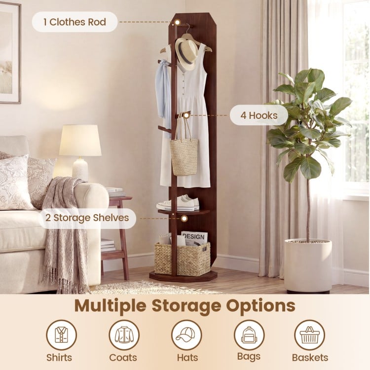 Full-length mirror coat rack in walnut with clothes hanger, hooks, and storage shelves for versatile bedroom.