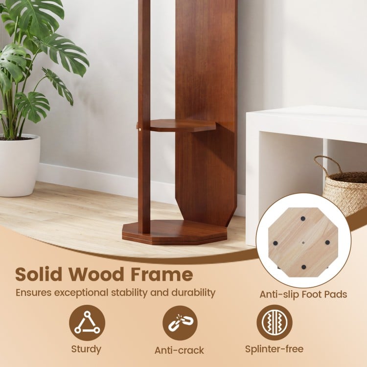 Full-length mirror coat rack in walnut with solid wood frame, shelves for storage, and anti-slip foot pads for.