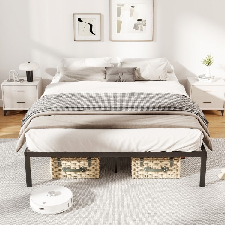 Full-size metal bed frame with heavy-duty slats, minimalist design, and ample under-bed storage for organization.