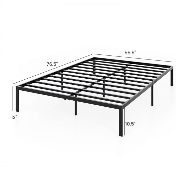 Full size metal bed frame with heavy-duty support slats, featuring a minimalist design and ample under-bed storage.