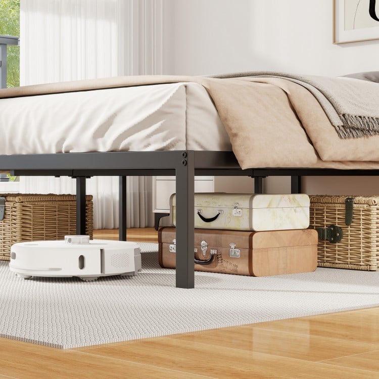 Full-size metal bed frame with heavy-duty support slats, featuring ample under-bed storage and a minimalist design.