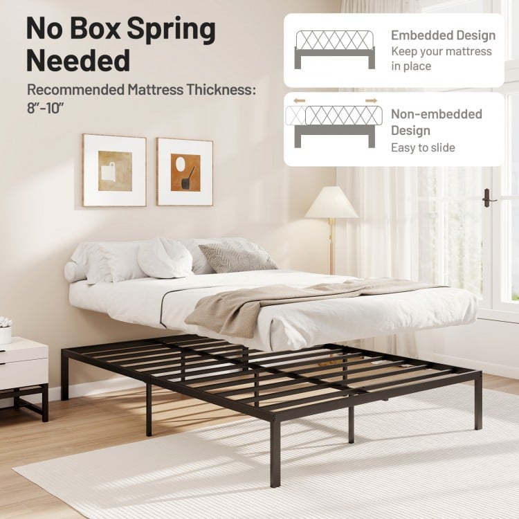 Full size metal bed frame with heavy-duty support slats, minimalist design, and embedded mattress support for stability.
