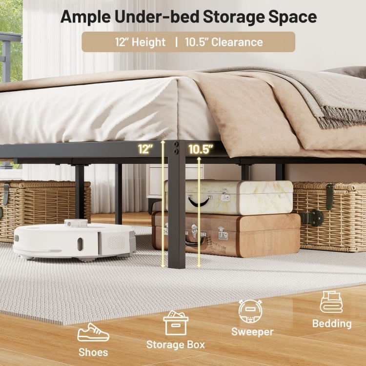 Full size metal bed frame with 10.5" under-bed clearance for storage, featuring heavy-duty support and minimalist.