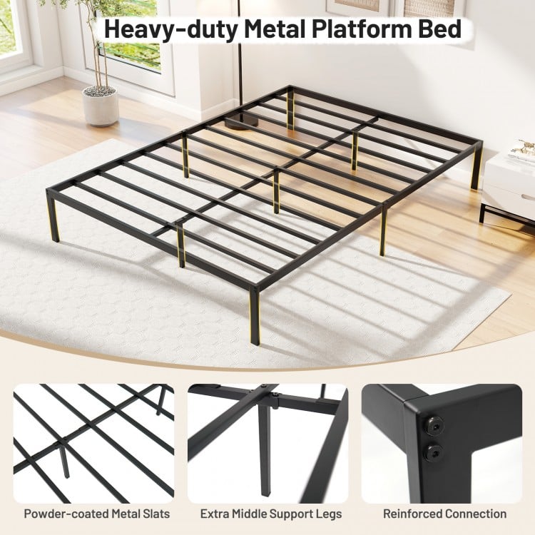 Heavy-duty metal platform bed frame with powder-coated slats and extra support legs for stability and under-bed storage.