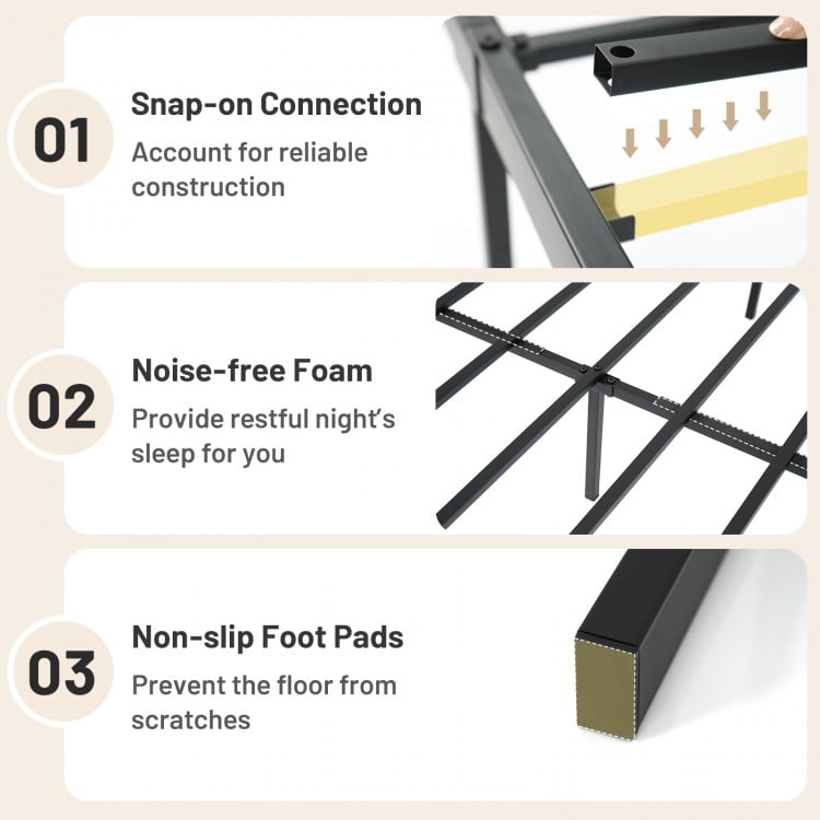 Metal bed frame with snap-on connection, noise-free foam, and non-slip foot pads for stable support and scratch.