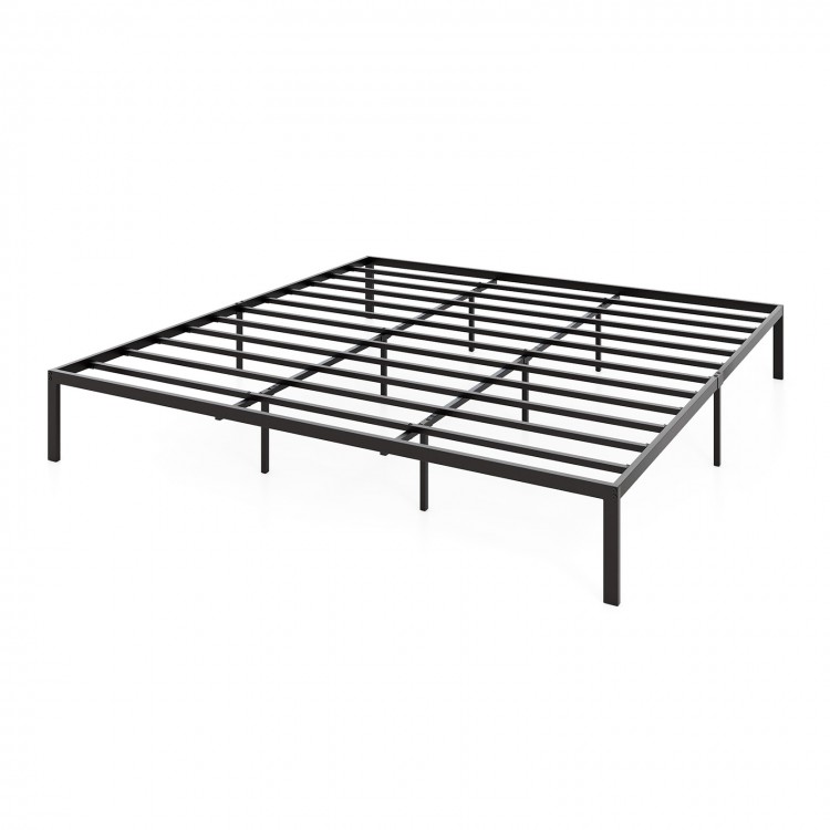 King size metal bed frame with heavy-duty support slats, minimalist design, and ample under-bed storage space.