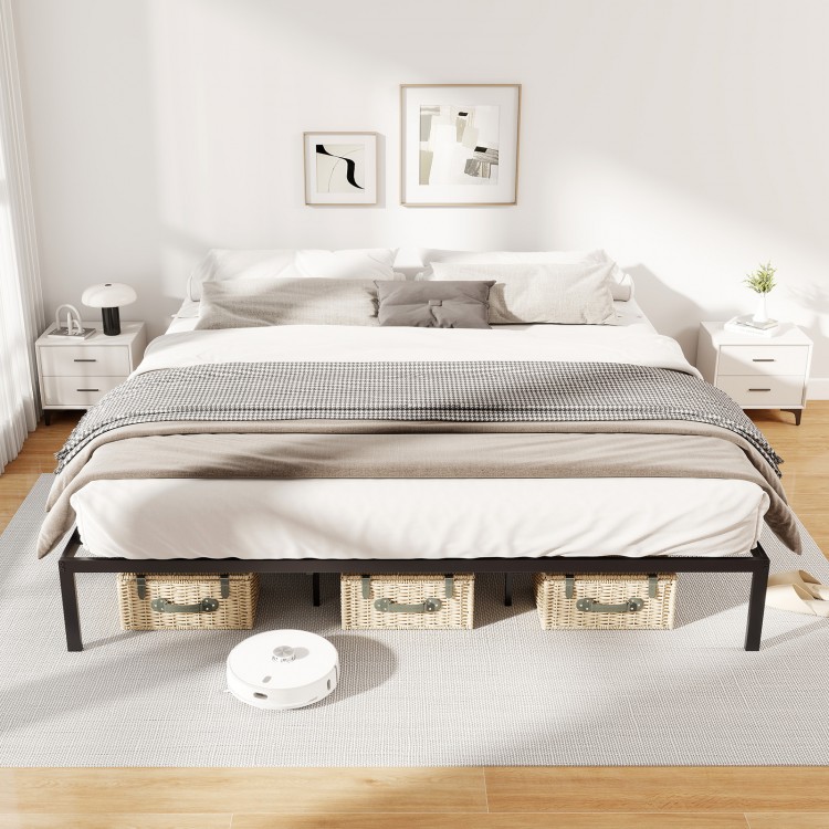 King size metal bed frame with heavy-duty support slats, featuring under-bed storage and a minimalist design for.