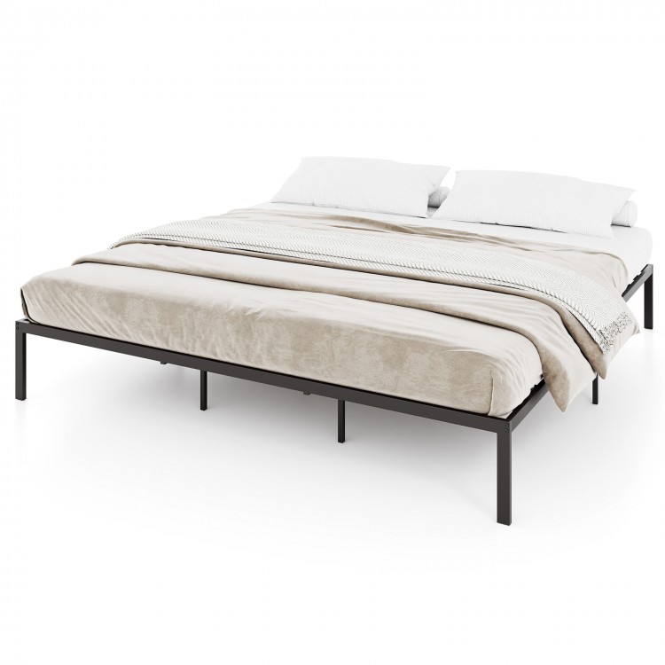 King size metal bed frame showcasing a minimalist design, featuring extra middle support legs for enhanced stability.