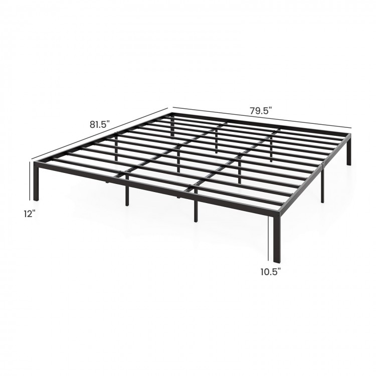 King size metal bed frame with heavy-duty slats, 12" height, and minimalist design for stable mattress support.